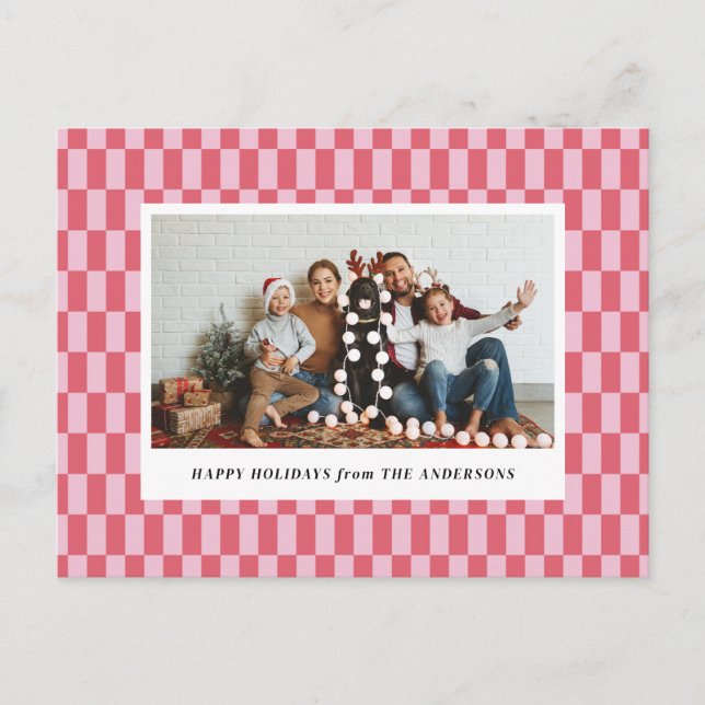 Cheery Pink Red Checkers Holiday Christmas Card (Front)