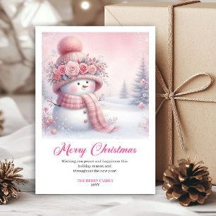 Cheery pink snowman kids greeting card printable