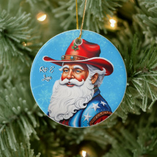 Cheery Santa Claus in a Western Hat Christmas Ceramic Ornament