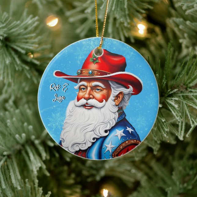 Cheery Santa Claus in a Western Hat Christmas Ceramic Ornament (Tree)