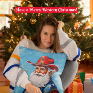 Cheery Santa Claus in a Western Hat Christmas Cushion