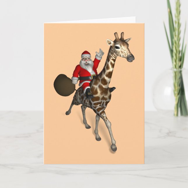 Cheery Santa Claus Rides A Giraffe Holiday Card (Front)