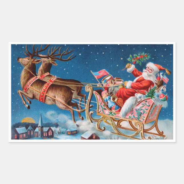 Cheery Vintage Santa in his Sled Rectangular Sticker (Front)