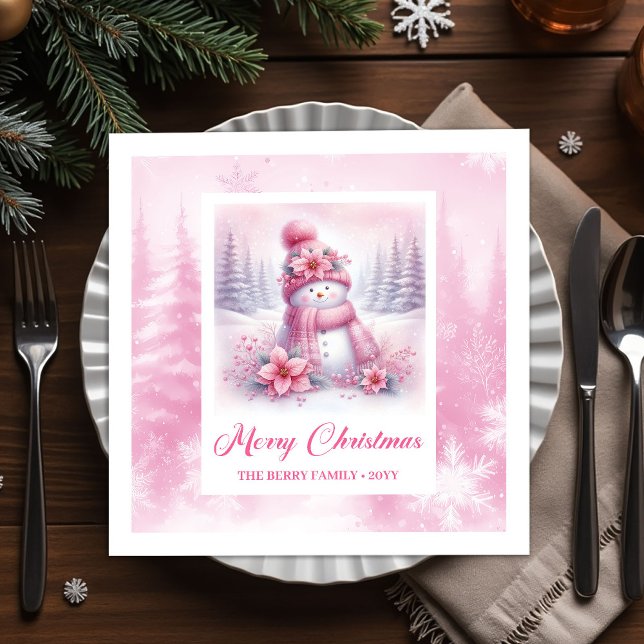 Cheery Winter Forest Pink Snowman Christmas Napkin (Cheery Winter Forest Pink Snowman Christmas Napkins Kids)