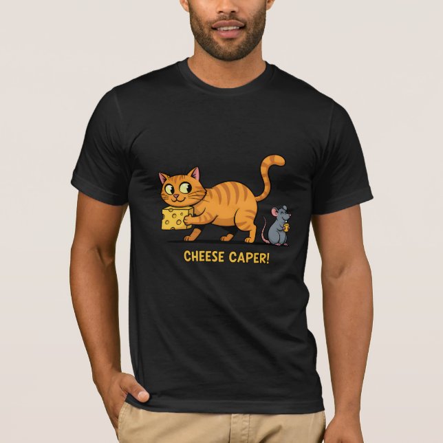 Cheese Caper – Funny Cat & Mouse Cartoon Design T-Shirt (Front)