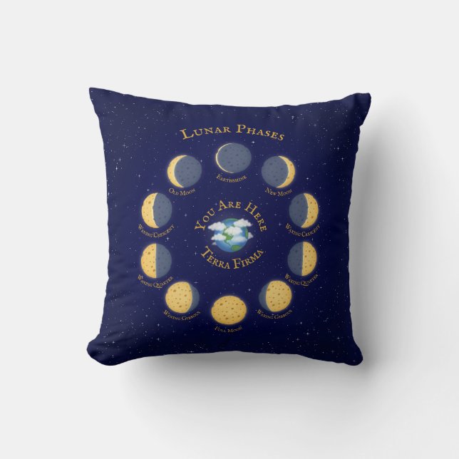 Cheese Moon Whimsical Lunar Phases Chart Cushion (Front)