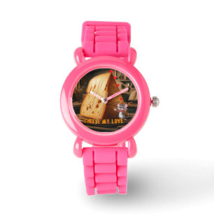 Cheese my Love says a Cartoon Mouse on a Pink Watch