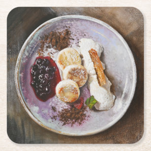 Cheese Pancakes with Berries – Gourmet Food Square Paper Coaster