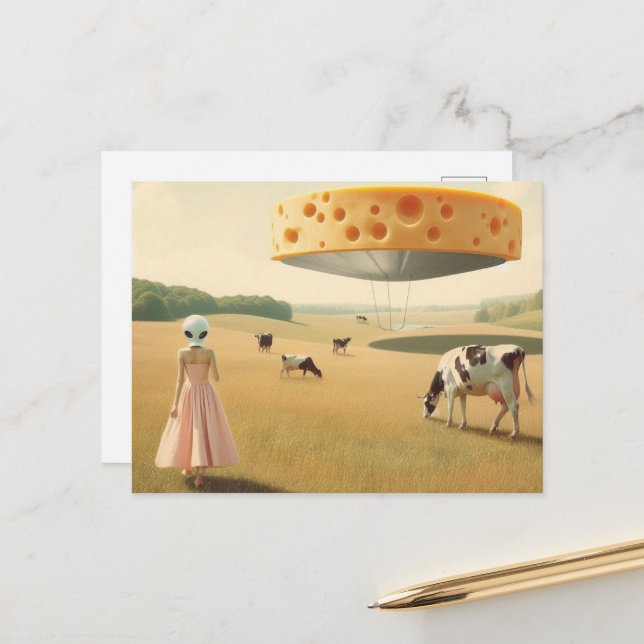 Cheese UFO and Alien in a Dairy Pasture Postcard (Front/Back In Situ)
