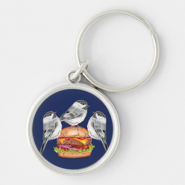 Cheeseburger Bird Trio Tahoe Mountain Chickadees Key Ring (Front)