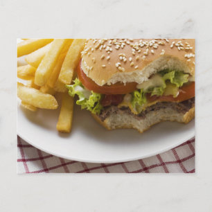 Cheeseburger, bites taken, with chips postcard