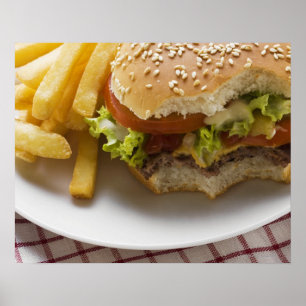 Cheeseburger, bites taken, with chips poster