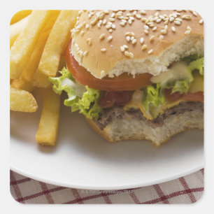 Cheeseburger, bites taken, with chips square sticker