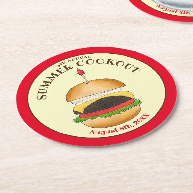 Cheeseburger Hamburger Burger Picnic Barbecue BBQ Round Paper Coaster (Angled)