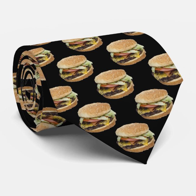 Cheeseburger Pattern on Black Tie (Rolled)