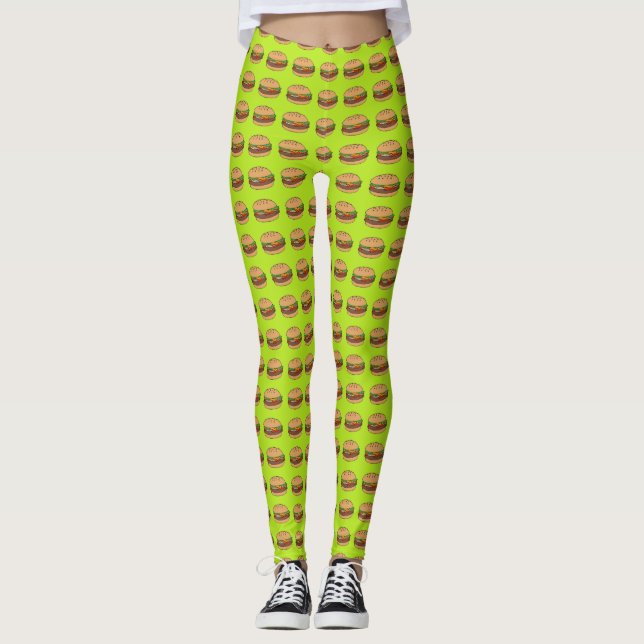 Cheeseburgers design on lime background leggings (Front)