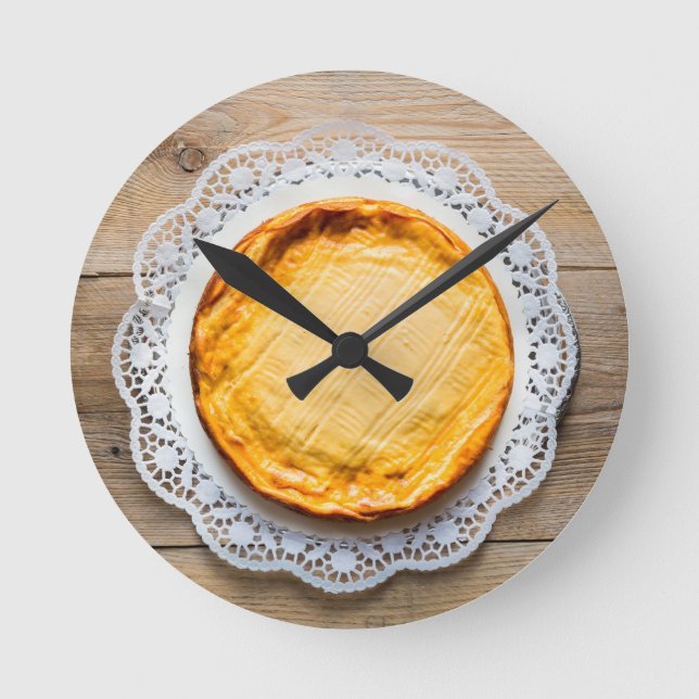 Cheesecake on rustic wood cake top. round clock (Front)