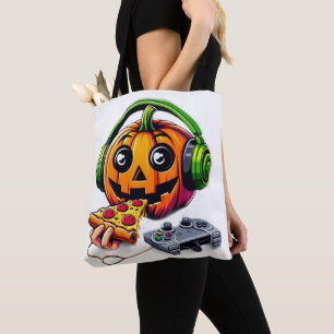 Cheesy Halloween Vibes: Pumpkin Enjoys Pizza Tote Bag