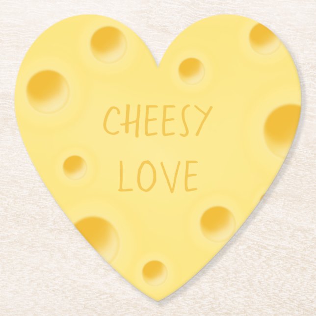 "Cheesy Love" Adorable Custom Swiss Cheese Heart Paper Coaster (Front)