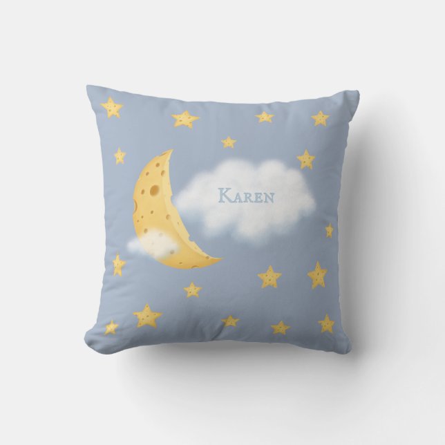 Cheesy Moon & Stars Personalised Fluffy Cloud Blue Cushion (Front)