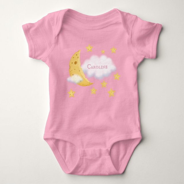 Cheesy Moon & Stars Personalised Fluffy Cloud Pink Baby Bodysuit (Front)