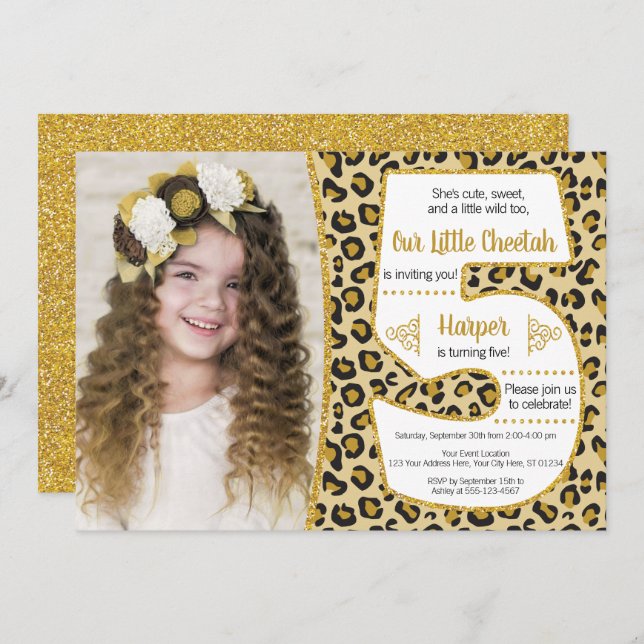 Cheetah 5th Birthday Invitation | Safari Party (Front/Back)