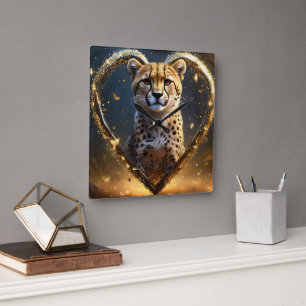 Cheetah: A Golden Love Heart Square Wall Clock