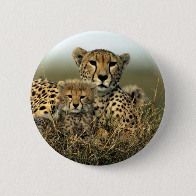 Cheetah and Cub 6 Cm Round Badge (Front)