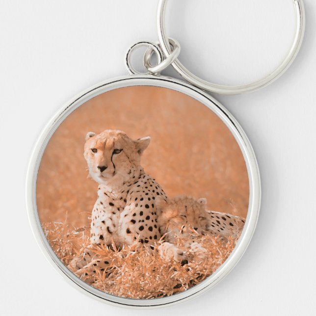 Cheetah and cub wildlife art key ring (Front)