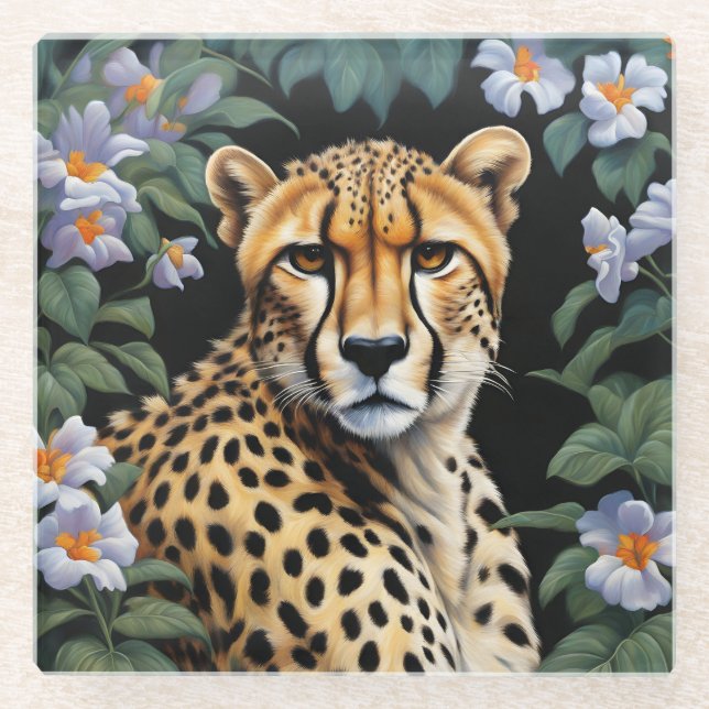 Cheetah and flowers glass coaster (Front)
