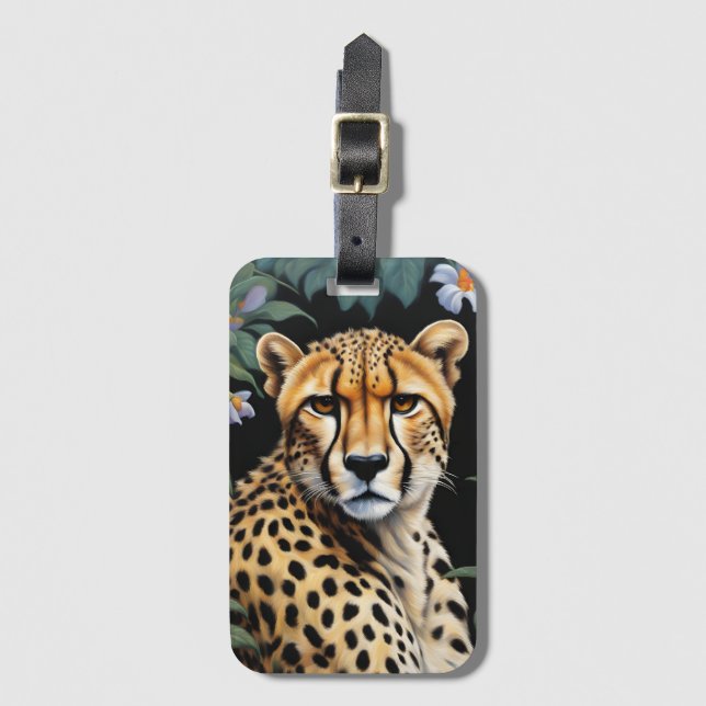 Cheetah and flowers luggage tag (Front Vertical)
