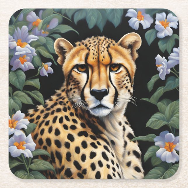 Cheetah and flowers square paper coaster (Front)