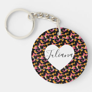 Cheetah Animal Print Pink Orange Heart Keychain