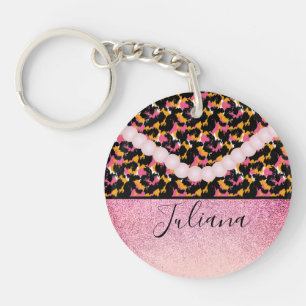 Cheetah Animal Print Pink Pearl Key Ring
