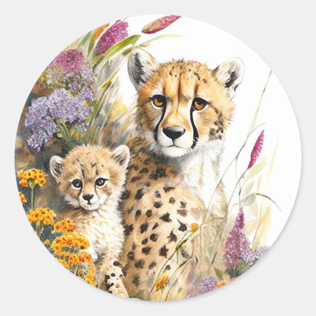 Cheetah Baby and Mum Classic Round Sticker (Front)