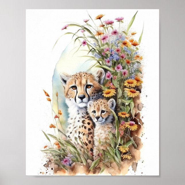 Cheetah Baby and Mum Watercolor Painting  Poster (Front)