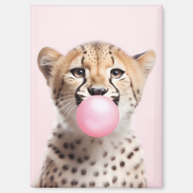 Cheetah Blowing Pink Bubble Gum Magnet (Front)