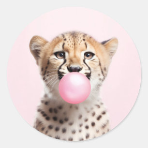 Cheetah Blowing Pink Bubble Gum Playful Classic Round Sticker