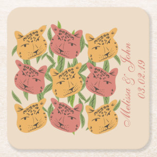 Cheetah Bridal Shower Jungle Plants Square Paper Coaster