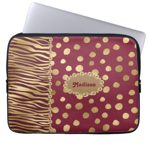 Cheetah Burgundy Gold Metallic Chic Bling Name Laptop Sleeve