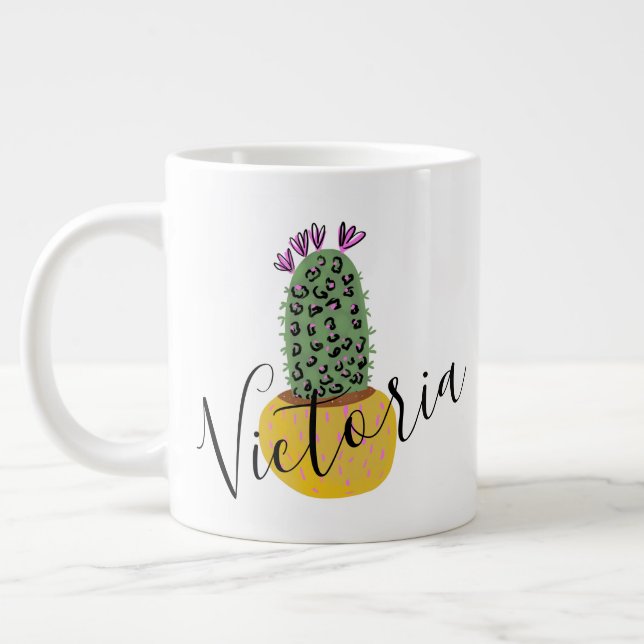Cheetah Cactus Illustration Name Giant Coffee Mug (Left)