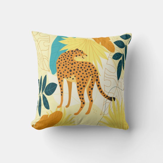 Cheetah colourful tropical leaves wallpaper cushion (Front)