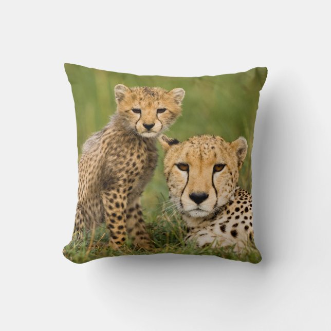 Cheetah Cub and Parent in Grass Cushion (Front)