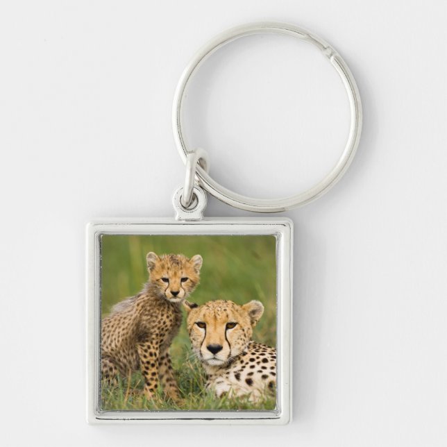 Cheetah Cub and Parent in Grass Key Ring (Front)