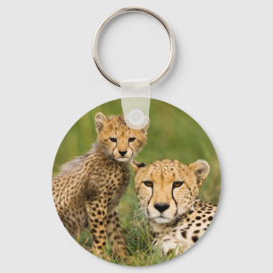 Cheetah Cub and Parent in Grass Key Ring