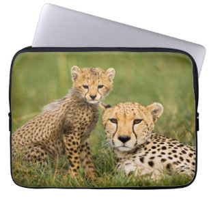 Cheetah Cub and Parent in Grass Laptop Sleeve