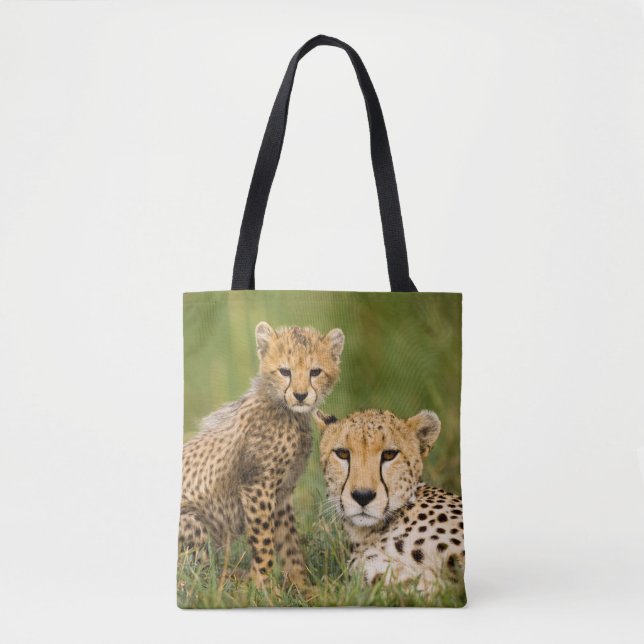 Cheetah Cub and Parent in Grass Tote Bag (Front)