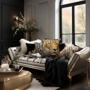 Cheetah Face Mosaic Cat Stylish Black & Gold Cushion