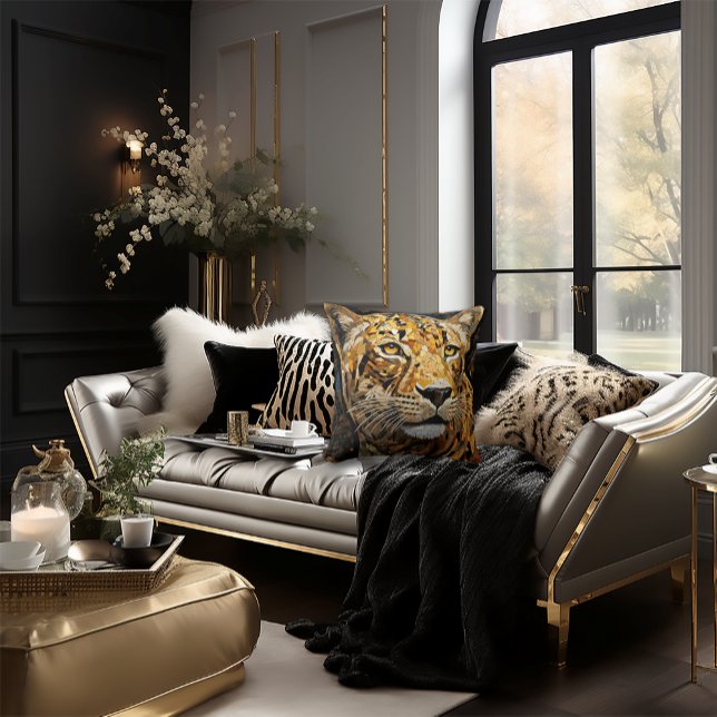 Cheetah Face Mosaic Cat Stylish Black & Gold Cushion (Dramatic Cheetah Mosaic Style Pillow)