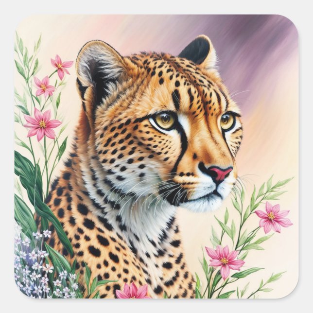 Cheetah Floral Painting Feline Art Square Sticker (Front)